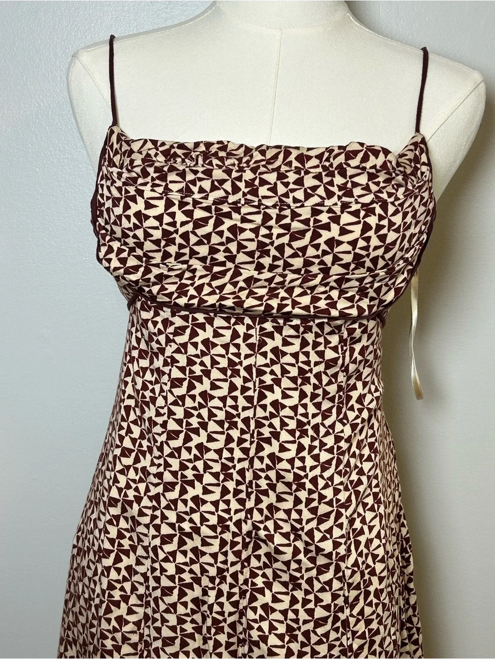 Free People Kai print Tie strap Mini Dress xs brown cream cowl neck boho dress